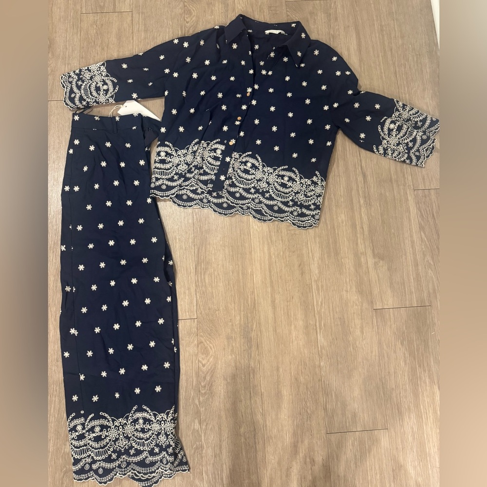 Zara Navy Blue Embroidered Button-Up Shirt (XS) + Matching Pants (S)